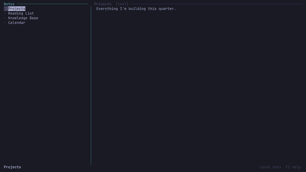 trilium-tui demo: browsing the note tree, editing a note in place, searching, and the command palette